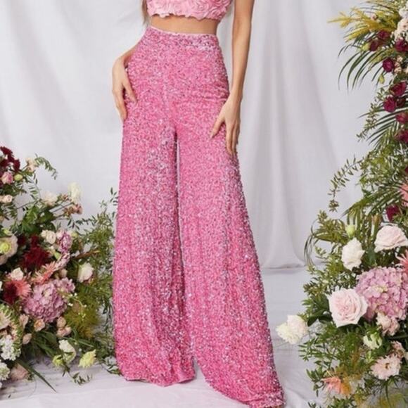 Faeriesty Retro Pink Sequin Lined Velour Wide Leg Bell Bottom Pants XS - Picture 1 of 6